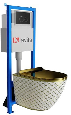 Lavita LAV 101 Vorwandelement für WC 40cm + Wand Hänge Tiefspül WC SOFI SLIM CHECKED GOLD Spülrandlos + Bedienplatte LAV 200.4.4 Schwarz | Komplettset | Unterputz Spülkasten | Toilette Komplett Sett