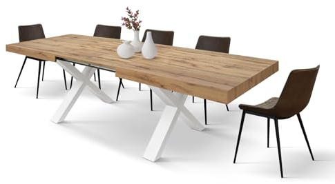 PAZZO DESIGN Ausziehbarer Tisch Marco, Wohnzimmertisch, Küchentisch, gekreuzte X-Beine in Weiß, hergestellt in Italien, rustikales Eichenholz, 180 x 90 x 76 cm - id_2230