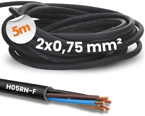 Kalitec 5m H05RN-F 2x0,75 mm² Câble en Caoutchouc Flexible Extérieur