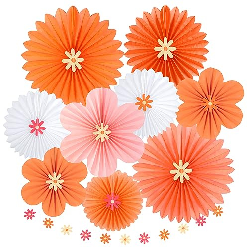 SUNBEAUTY 9 Stück Herbst Party Dekorationen Rot Orange Papier Fächer Dekor Hanging Gänseblümchen Girlande Rosa Weiß Blume Party Dekorationen für Hochzeit Geburtstag Klassenzimmer Baby Shower
