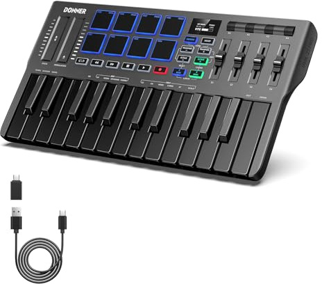 Donner DMK-25 Pro MIDI Keyboard Controller, tragbares USB-C-MIDI-Keyboard mit 25 Mini-Tasten, 8 Drum-Pads, OLED-Display, personalisierter Touch Bar, Musikproduktionssoftware und 40 Lernkursen