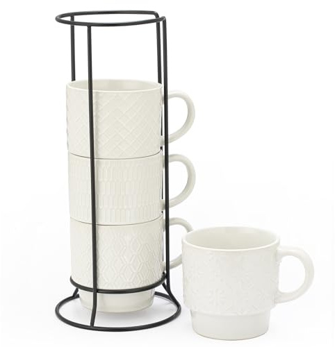 Signature Housewares Lot de 4 tasses à café empilables blanches en relief avec support – Tasses à café de 445 ml pour café, thé, cacao, lait, cappuccino, chocolat chaud, en céramique émaillée blanche
