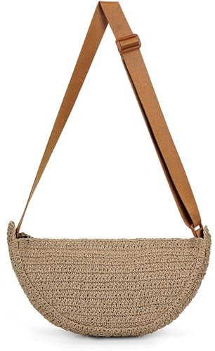 Strohtasche Damen Stroh Umhängetasche, Korbtasche Geflochtene Crossbody Bag Sommer Basttasche Groß Gewebte Strandtasche Straw Bag Schultertasche (Braun)
