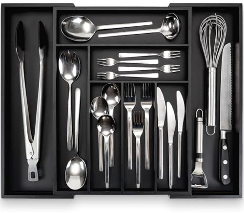 budu Besteckkasten #43 (Tiefe 43cm) aus Bambus - Schwarz - Schubladen Ordnungssystem für die Küche - Besteckkasten für Schubladen aus Bambus - Ausziehbar - Kitchen drawer organizer - Kitchen organizer
