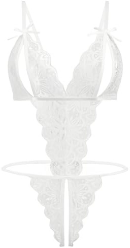 KSJEHW Sexy Dessous Damen Unterwäsche Strapsen Set Mit Spitze Reizwäsche Transparent Babydoll Negligee Erotische Bodysuit (Weiß)