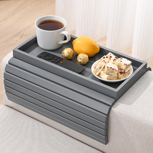 YUBAMIN Bandeja de bambú para reposabrazos de sofá, bandeja para reposabrazos de sofá, bandeja plegable para reposabrazos, mesa de sofá para comer, bebidas, aperitivos, control remoto, teléfono