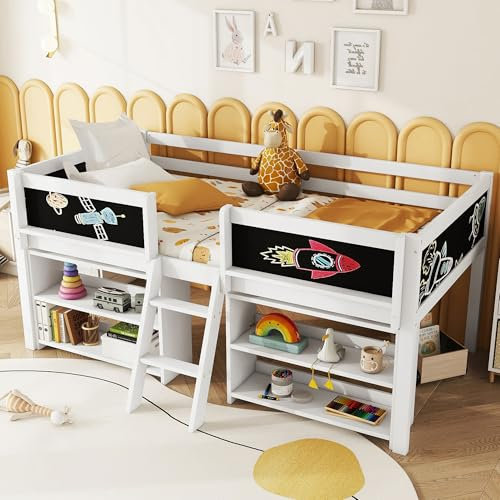 Arhatreya Hochbett 90x200 cm, Kinderbett mit Einlegeböden, Holzbett mit Geländer, Kiefernholz Bettgestell mit Lattenrost, Bett mit Leiter für Kinder Jugendliche (Ohne Matratze) Weiß