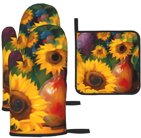 Set di 3 guanti da forno e presine, girasoli gialli, guanti da forno a microonde isolati e guanti da cucina, set di guanti da forno antiscivolo con cuscinetti caldi, per cucinare, cuocere al forno,