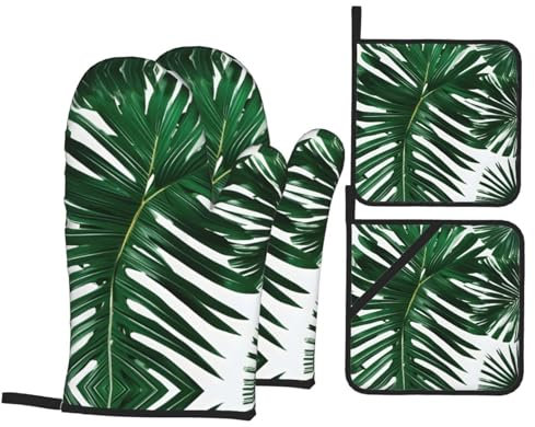 Guanti Da Forno E Presine Da Cucina Set, Green Palm Leavess Stylish Guanti Da Forno Pratico Guanti Da Cucina Professionale Guanti Da Forno Per Grill Cucinare Cottura