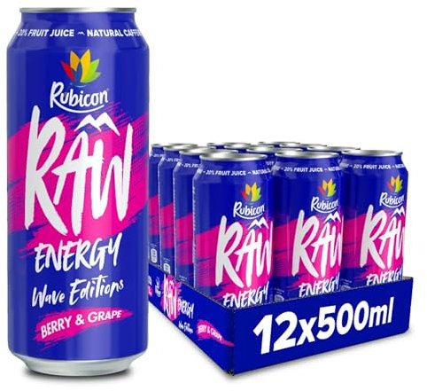 Rubicon RAW 12 Pack Berry & Grape Wave Edition Energy Drink, 20% Real Fruit Juice, High caffeine with B-Vitamins, Ginseng & Guarana, No Artificial Colours or Flavours, Reduce Tiredness & Boost Energy