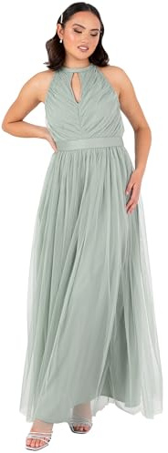 Anaya with Love Women's Maxi Dress Ladies Sleeveless Halterneck Keyhole Sash Tie Belt Tulle A-line Bridesmaid Wedding Guest Prom Evening