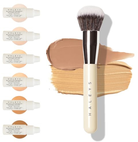 Haleys Kabuki Brush & 6 Mini Skin Tint Foundation Set, Blending, Travel Kit
