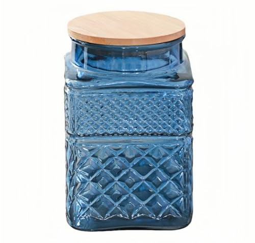 Square Glass Canister, 61oz Candy Jar with Lid, Glass Food Storage Containers for Ground Coffee, Tea, Sugar, Decorative Mason Jar Cookie Jars (Blue)