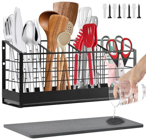 Yiomxhi Portautensili da Cucina per Piano di Lavoro o a Parete, 4 Scomparti Grande Porta Utensili Scolaposate con Base in Diatomite, Organizer per Utensili Posate da Appoggio, Nero