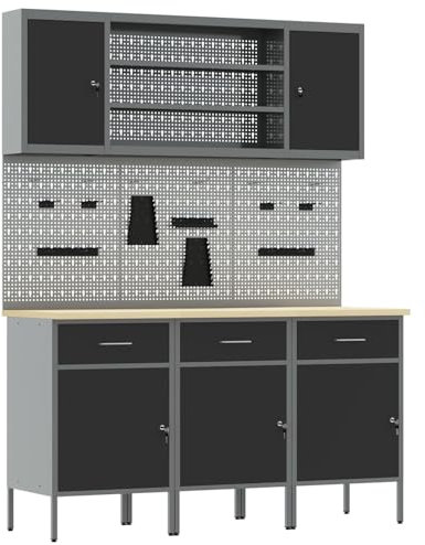vidaXL Work Bench with Drawer 7 pcs Black 150 x 55 x 200 cm Steel, Workshop Storage Solutions, Tool Holder, Indoor Organizer Chest Cabinet Unit Drawer Rack