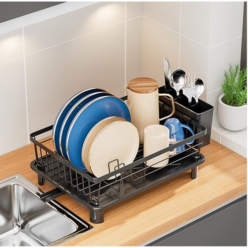 Braozaiw Dish drainer with drip tray and drainage outlet, stainless steel dish drying rack with cup holder, utensil and chopping board support, saving kitchen countertop space (black)