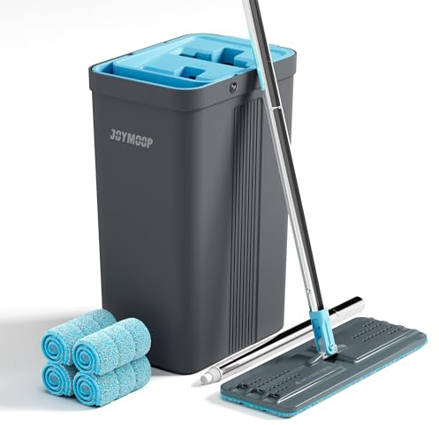 JOYMOOP Mop and Bucket Set with Wringer, Mops for Floor Cleaning, Wall Mop Cleaner with Long Handle, with 4 Reusable Microfiber Mop Pads - Grey+Cyan Blue