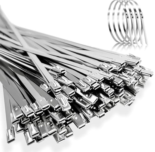 120PCS Metal Cable Ties - 4.6×300mm,304 Silver Stainless Steel Zip Tie with Self-Locking Metal Knots for Fences Gardens Farms Exhaust Repair