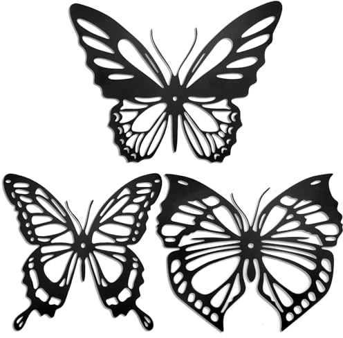 Qerutk Metal Butterfly Wall Decor, Black 3Pcs Mural Butterfly Art Wall Decoration, 3D Butterfly Sculpture Hanging, for Home Living Room Bathroom Indoor Outdoor Decor Garden Yard Fence Decor