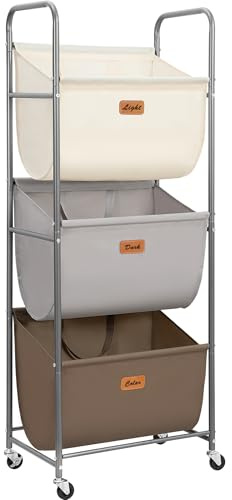 STORAGE MANIAC Panier à linge vertical à roulettes de 120 litres, trieur à linge à 3 sections avec roues et 2 pauses, paniers à linge à 3 niveaux pour petit espace, dortoir, buanderie, placard