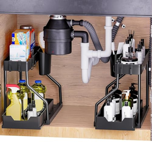 Taylor & Brown 2 Pack Under Sink Storage Organiser - 2 Tier with Pull Out Drawer Cabinet Organiser, Kitchen Storage with 4 Hanging Hooks, Space Saving Solution for Bathroom/Utility Room (Black)