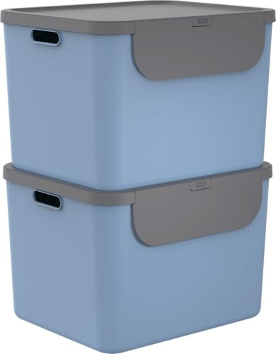 Rotho Albula Mülleimer Küche 2er-Set 2 x 55 L stapelbar Blau/Anthrazit