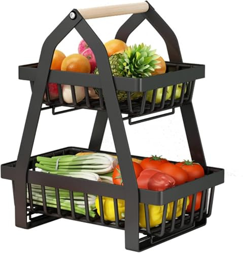 Foyderam Cesta de frutas de 2 niveles Etagere Frutero de metal extraíble con mango de madera Organizador de cocina que ahorra espacio para frutas, verduras, pan y bocadillos Almacenamiento de pie