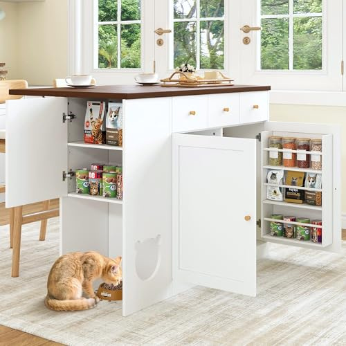 Isola da cucina 120 × 40 + 30 × 90 cm, carrello da cucina, credenza con cassetti, con piano di lavoro estraibile, portaspezie, zona mangiatoia per animali domestici (senza vassoio per gatti), bianco +