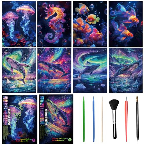 VLYX Set 8 pezzi Arte da grattare per adulti e bambini, Arte su foglio con strumenti, Serie Oceano (Formato A4)