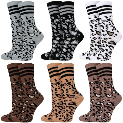 Jadive 6 Paar Leopardenmuster Socken 39-42 | Leoparden Sportsocken, Gestreifte Design Socken, Tennissocken für Sport und Freizeit, Modische Muster für Damen