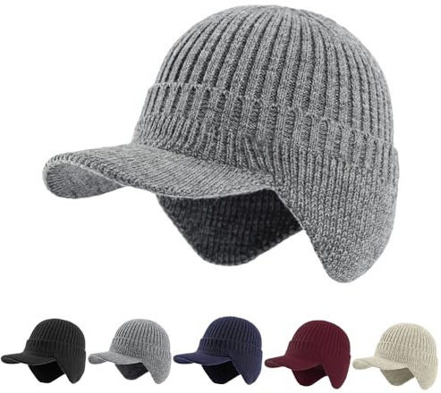 Elastic Warm Ear Protection Knitted Hat, Winter Beanie with Brim and Ear Flaps, Unisex Cozy Head Beanie for Cold Weather (Grey)