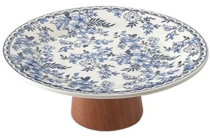 LIBANGRONG-888 Cesto Frutta Piatto da Portata in Ceramica con Base in Legno e fruttiera piedistallo Floreale, Piatto Decorativo for Snack Portafrutta