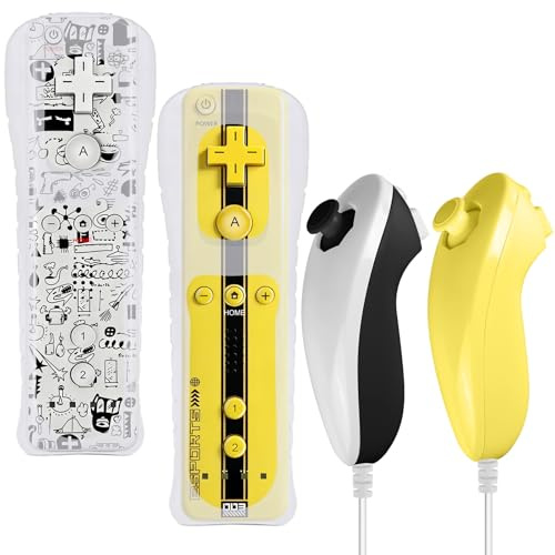 Leikurvo Pack de 2 manettes Wii Remote, manette Wii avec Nunchuk pour WiiRemote Plus, joystick de remplacement pour console WiiU (Noir + Jaune)