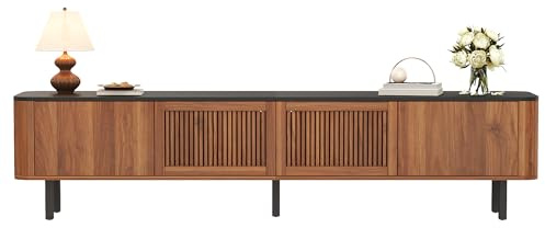 HAINEW TV-skåp, TV-bänk med 2 trädörrar och 2 ihåliga dörrar, TV-bord, TV-skåp för vardagsrum, sovrum, design med rundade hörn, 190 × 35 × 45 cm, HD26011911 (valnöt)