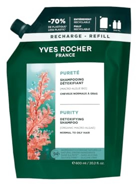 Yves Rocher Detox Shampoo – Für normales bis fettiges Haar – Reinigung bis zu 48 Std. – Mit ökologischen Makroalgen – Ohne Sulfate und Silikone – Refill 600 ml