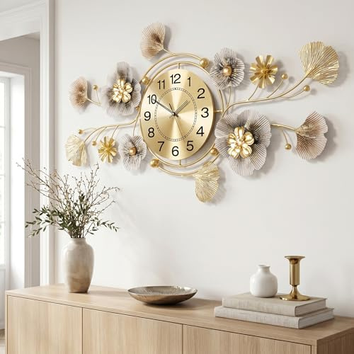 Blissio Wanduhr Groß aus Metall,3D Ginkgo Design,Kaffeefarbe,83 x 43 cm | Leiser Betrieb Ohne Störende Tickgeräusche,Kann Vertikal und Horizontal Aufgehängt Werden,mit Montagezubehör