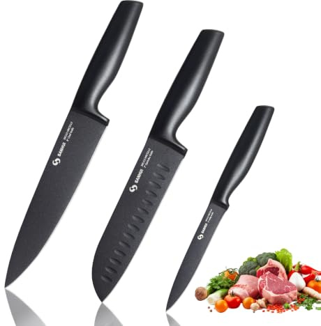 SANHUI 3 Piece Kitchen Knife Set, Ultra Sharp Santoku Chef Utility Knives | High Carbon Steel Rust Proof Nano-Coated Blades, Ergonomic Non-slip Handle , Perfect for Home Cooks & Daily Meal Prep