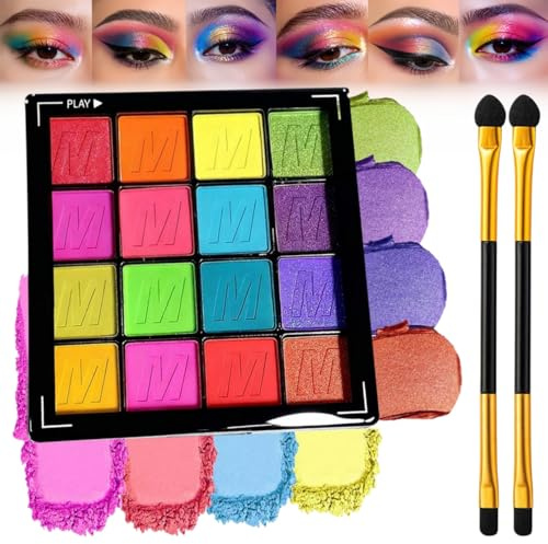 16 Colour Glitter Matte Eyeshadow Palette with Brush, Waterproof & Highly Pigmented Colourful Eyeshadow Palette, Long Lasting Mini Holographic Eyeshadows, Rainbow Dark Sparkly Lilac Look (Neon Style)