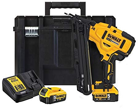 DeWalt DCN650P2-QW - Clavadora de Acabado sin escobillas XR 18V con 2 baterías Li-Ion 5,0Ah 15Ga para Clavos 34° de 1,8mm diámetro y 32-63mm Largo, 18 V, Negro/Amarillo