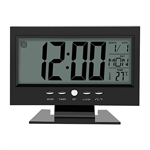 Sveglia digitale a LED, sveglia portatile da tavolo con sensore del suono da 6 pollici con luce notturna intelligente/snooze ora/data/temperatura per viaggi, camera da letto, ufficio(Nero)