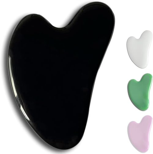 Gua Sha Piedra de Jade - Herramienta de masaje para cara, ojos, cuello y cuerpo, 1 piedra en forma de corazón (Negra)