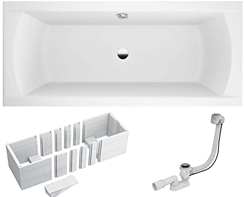 VBChome Badewanne 170x75 cm Acryl SET Wannenträger Siphon Wanne Rechteck Weiß Design Modern Styroporträger Ablaufgarnitur in Chrom Alcaplast für 2 Personen (Ines 170x75)
