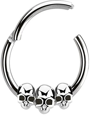 Septum Piercing 316L Steel Ring Clicker with Skulls in 1.2 x 8 mm, Alloy Steel