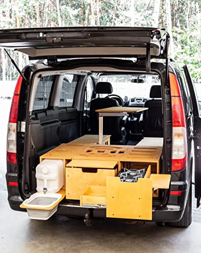 Moonbox Campingbox Modify Van/Bus 119cm Natur | mit Campingküche, Sitzplätze, Tisch, Bettfunktion/Schlafsystem | für Fahrzeuge mit Mind. 119cm Breite im Kofferraum