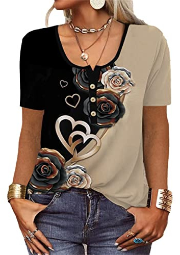 GRMLRPT Blusa para Mujer Manga Corta Camisa Cuello Redondo Botone Casual para Verano Moda Suelta Tops Estampado Floral(Negro,L)