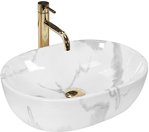 Rea Aufsatzwaschbecken Amelia Marmo, glänzendes Waschtisch Handwaschbecken Waschschale Waschbecken für Badezimmer aus hochwertiger Keramik, 480 x 345 x 135 mm (weiß, Marmorimitat)