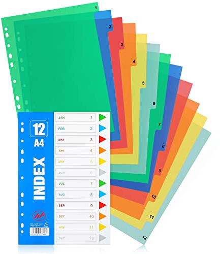 File Dividers A4, 3 Pack Folder Dividers, Extra Wide 1-12 Multipurpose Porous Index Dividers, Pre-Punched Leverl Arch Folder in Assorted Colours Plastic Binder Dividers (Number Tabs)