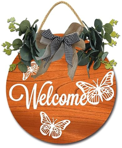 Geroclonup Cartello di benvenuto per porta d'ingresso, ghirlanda di legno rotonda rustica, decorazione da parete, decorazione per portico anteriore, regalo di inaugurazione della casa, 30 cm