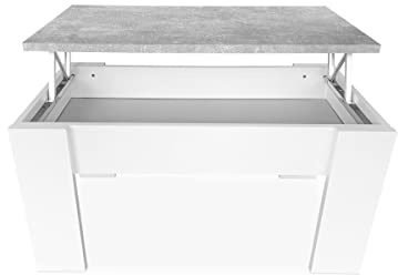 mattfy - Mesa de Centro para el Café/Té, Elevable, Mesita de Salón o Comedor, Color Blanco con Tapa Gris Cemento, Medidas: 90 cm (Ancho) x 50 cm (Fondo) x 46/57 cm (Alto)