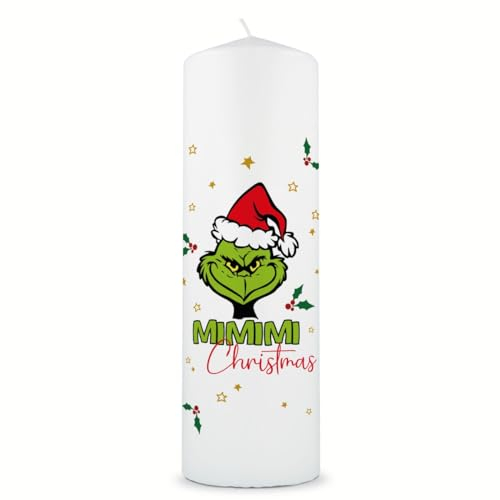 GRAVURZEILE Bedruckte große Kerze - Grinch Mimimi - festliche Tischdekoration mit frechem Motiv - Geschenk zu Weihnachten für Sie & Ihn - Hochwertige Stumpenkerze Weiß - 250/80 mm